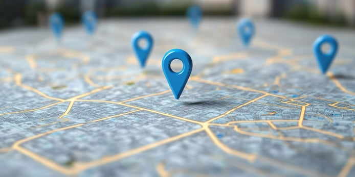 3D illustration of a map location pin placed on a city map, highlighting a specific area or destination.