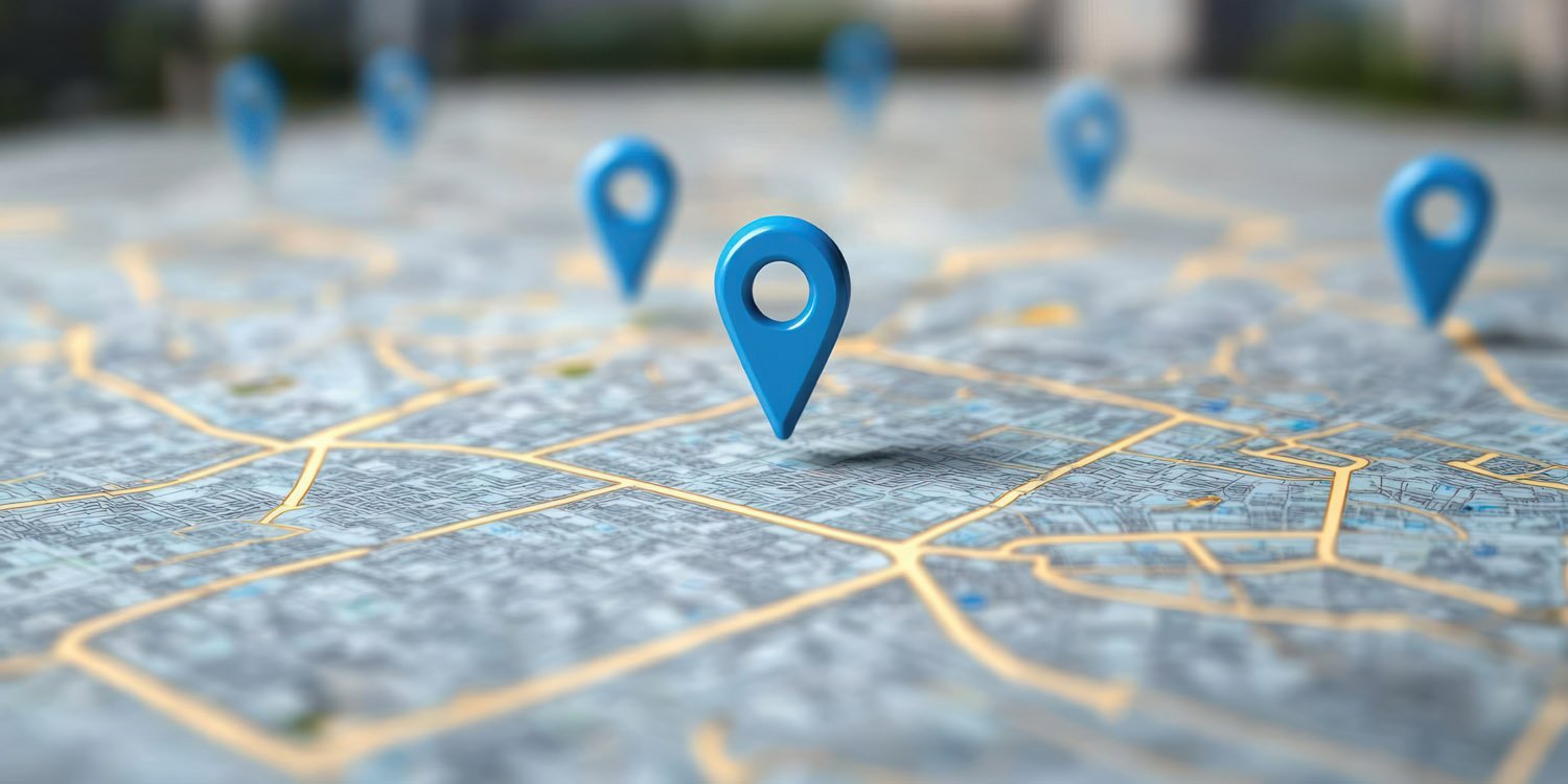 3D illustration of a map location pin placed on a city map, highlighting a specific area or destination.