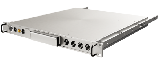 A sleek, light grey rack-mount electronic Cyber Radio device "NDR358-2" by Epiq Solutions. The front panel includes a power indicator, a yellow port, several ventilation slots, and a recessed handle.