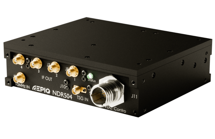 A compact black electronic box labeled "EPIQ NDR504" with several gold-plated RF connectors labeled "10MHz IN", "IF OUT", and "TSG IN", along with a larger silver connector and a green status light.